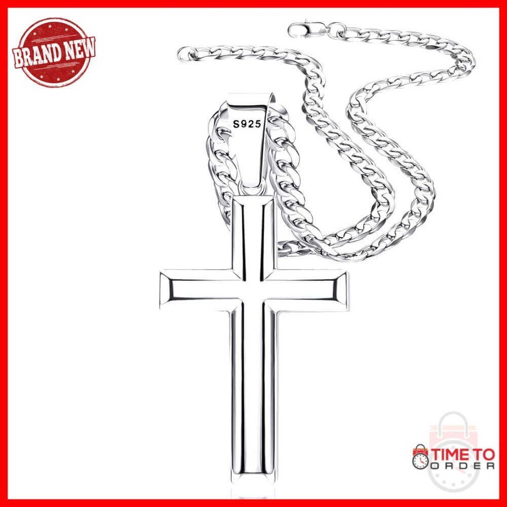 Sterling Silver Cross Necklace with Cuban Chain, 16-30 Inch